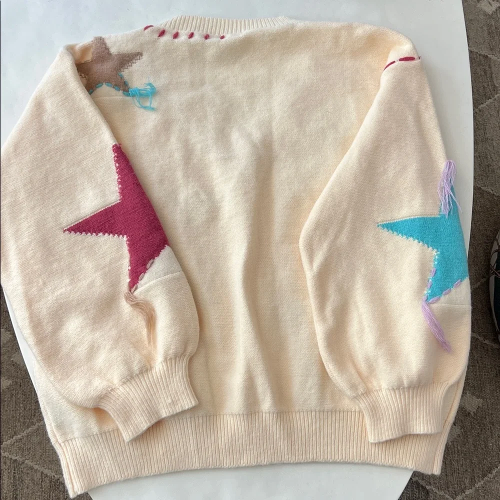 POL Patchwork Star Sweater - Beige V Neck Thick Knit Size Medium - Picture 7 of 12